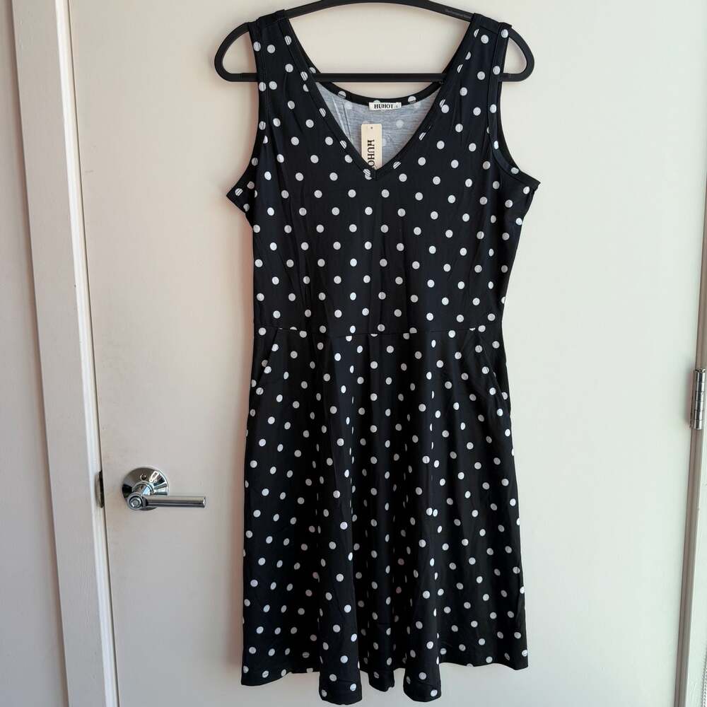 HUHOT Women's Polka Dot Sleeveless V-Neck Dress Size L
